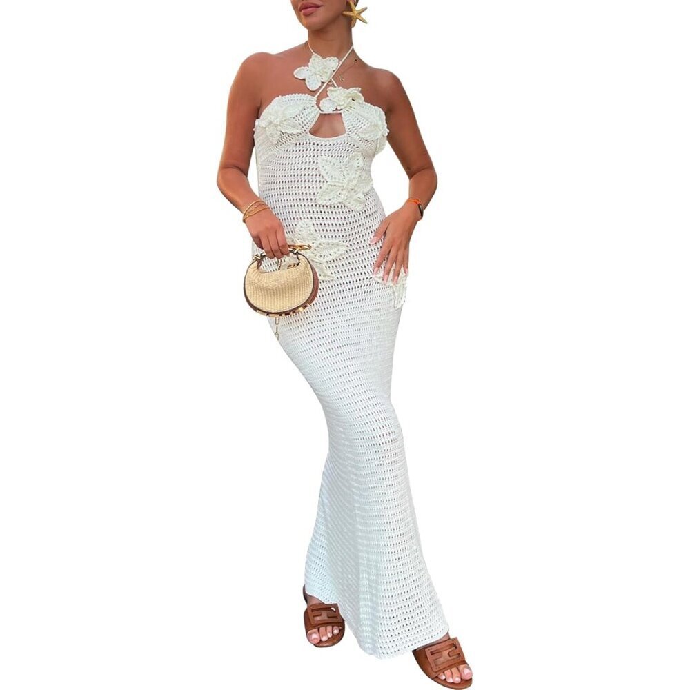 Women's Crochet Beach Cover Up Maxi Dress Halter Sleeveless Floral Summer